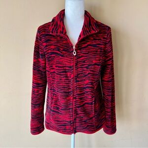 Vintage Cotton Medium Red Black Zebra Print Full Zip Fleece Soft Jacket